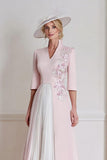Candy Pink A Line Satin V Neck Pleated Mother of the Bride Dress
