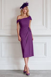 Off the Shoulder Burgundy Sheath Chiffon Midi Mother of the Bride Dress