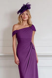 Off the Shoulder Burgundy Sheath Chiffon Midi Mother of the Bride Dress