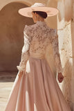 Candy Pink High Neck A Line Long Mother of the Bride Dress with Lace