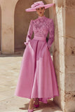 Candy Pink High Neck A Line Long Mother of the Bride Dress with Lace