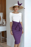Grape Bodycon Satin Scoop Neck Midi Mother of the Bride Dress with Sleeves