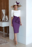 Grape Bodycon Satin Scoop Neck Midi Mother of the Bride Dress with Sleeves