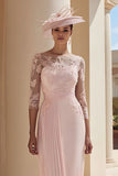 Blush Pink Chiffon Illusion Boat Neck Pleated Midi Mother of the Bride Dress with Lace