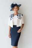 2 Piece Floral Navy Satin Bodycon Short Mother of the Bride Dress