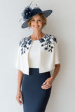 2 Piece Floral Navy Satin Bodycon Short Mother of the Bride Dress