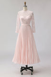 Blush Pink Chiffon Pleated A Line Midi Mother of the Bride Dress with Lace