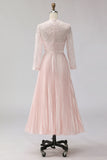 Blush Pink Chiffon Pleated A Line Midi Mother of the Bride Dress with Lace