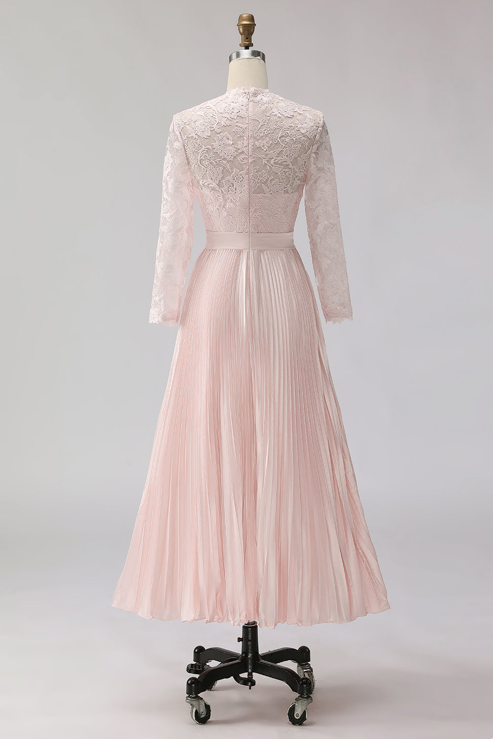 Zapaka Women Blush Pink Pleated Midi Mother of the Bride Dress with Lace A Line Chiffon Wedding Guest Dress with Sleeves, Blush Pink / US2