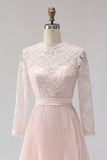 Blush Pink Chiffon Pleated A Line Midi Mother of the Bride Dress with Lace