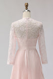 Blush Pink Chiffon Pleated A Line Midi Mother of the Bride Dress with Lace