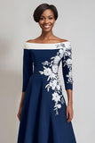 Floral Navy A Line Satin Midi Mother of the Bride Dress with Appliques