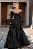 Plum Off the Shoulder Taffeta A Line Long Sleeve Mother of the Bride Dress
