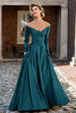 Plum Off the Shoulder Taffeta A Line Long Sleeve Mother of the Bride Dress