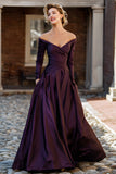 Plum Off the Shoulder Taffeta A Line Long Sleeves Mother of the Bride Dress