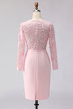 Blush Pink Appliqued Sheath Boat Neck Midi Mother of the Bride Dress with Sleeves