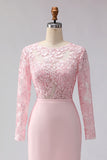 Blush Pink Appliqued Sheath Boat Neck Midi Mother of the Bride Dress with Sleeves