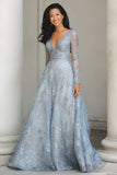 Silver A Line V-Neck Long Mother of the Bride Dress with Appliques