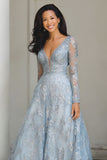 Silver A Line V-Neck Long Mother of the Bride Dress with Appliques