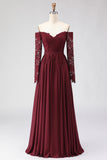 Cabernet Off the Shoulder A Line Lace Mother of the Bride Dress with Long Sleeves