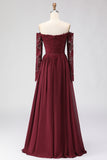 Cabernet A Line Off the Shoulder Long Mother of the Bride Dress with Lace