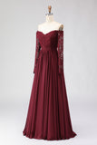 Cabernet A Line Off the Shoulder Long Mother of the Bride Dress with Lace