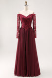 A Line Cabernet Off the Shoulder Maxi Mother of the Bride Dress with Lace