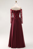 A Line Cabernet Off the Shoulder Maxi Mother of the Bride Dress with Lace