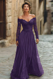 A Line Cabernet Off the Shoulder Maxi Mother of the Bride Dress with Lace