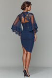 Navy Bodycon Round Neck Ruched Short Mother of the Bride Dress with Appliques