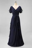 Navy V-Neck Maxi Mother of the Bride Dress with Ruffles