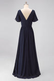 Navy V-Neck Maxi Mother of the Bride Dress with Ruffles