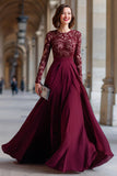 Cabernet Chiffon A Line Long Sleeves Mother Of The Bride Dress with Lace