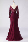 Cabernet Lace Appliqued Mermaid V-Neck Long Mother of the Bride Dress