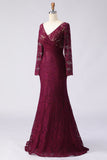 Cabernet Lace Appliqued Mermaid V-Neck Long Mother of the Bride Dress
