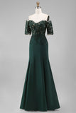 Off the Shoulder Dark Green Mermaid Floral Long Mother Of the Bride Dress with Beading
