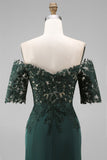 Off the Shoulder Dark Green Mermaid Floral Long Mother Of the Bride Dress with Beading
