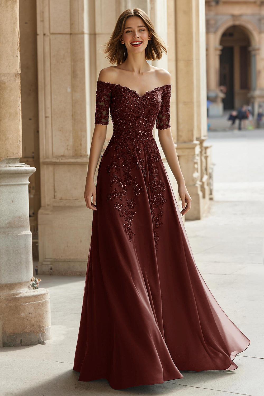 Zapaka Women Pine A-Line Mother of the Bride Dress Off the Shoulder Lace Applique Half Sleeve Wedding Guest Dress with Beading, Brown / US24W Zapaka Women Pine A-Line Mother of the Bride Dress Off the Shoulder Lace Applique Half Sleeve Wedding Guest Dress with Beading, Brown / US24W