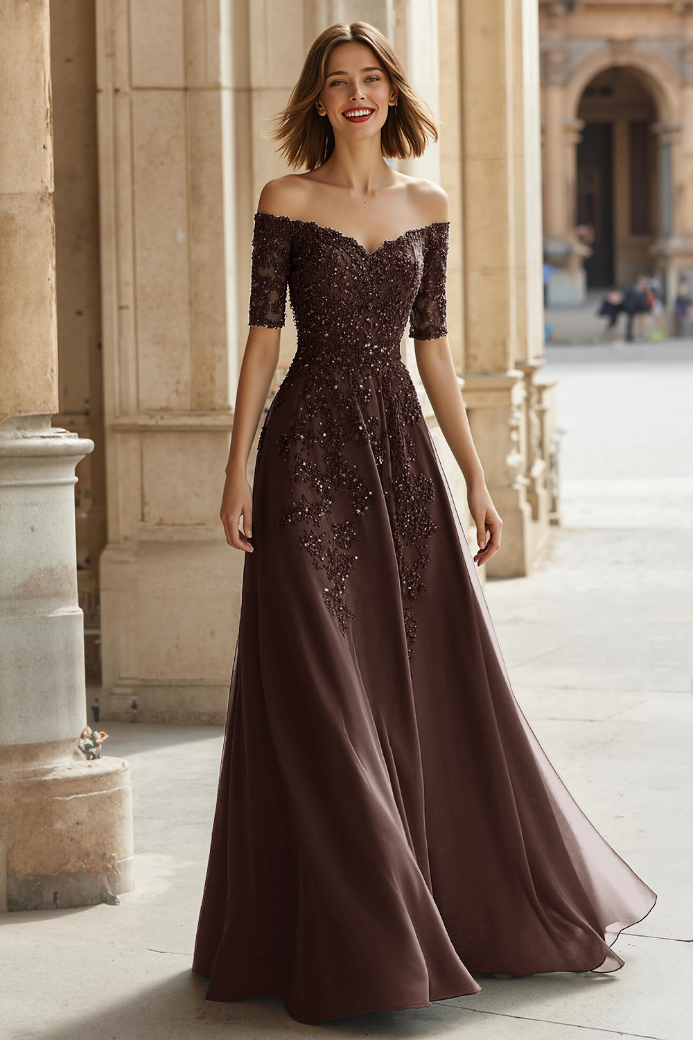 Zapaka Women Pine A-Line Mother of the Bride Dress Off the Shoulder Lace Applique Half Sleeve Wedding Guest Dress with Beading, Coffee / US18W Zapaka Women Pine A-Line Mother of the Bride Dress Off the Shoulder Lace Applique Half Sleeve Wedding Guest Dress with Beading, Coffee / US18W