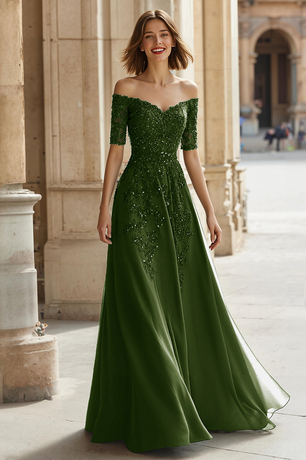 Zapaka Women Pine A-Line Mother of the Bride Dress Off the Shoulder Lace Applique Half Sleeve Wedding Guest Dress with Beading, Olive / US10 Zapaka Women Pine A-Line Mother of the Bride Dress Off the Shoulder Lace Applique Half Sleeve Wedding Guest Dress with Beading, Olive / US10