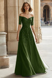 A-Line Pine Off the Shoulder Applique Beading Mother of the Bride Dress