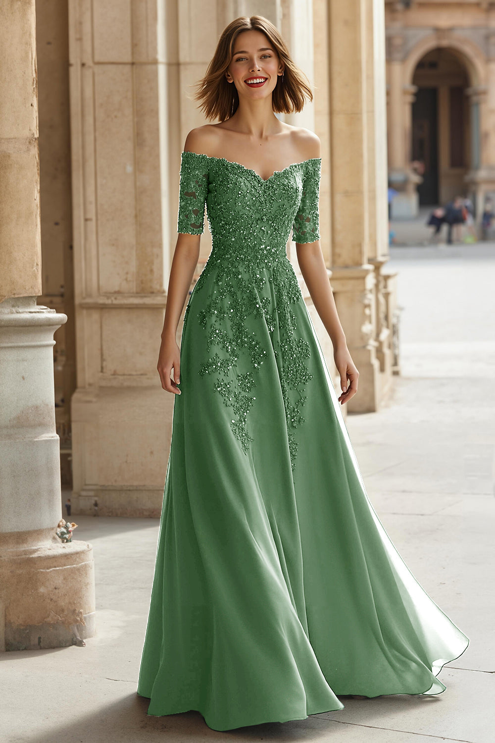 Zapaka Women Pine A-Line Mother of the Bride Dress Off the Shoulder Lace Applique Half Sleeve Wedding Guest Dress with Beading, Pine / US4 Zapaka Women Pine A-Line Mother of the Bride Dress Off the Shoulder Lace Applique Half Sleeve Wedding Guest Dress with Beading, Pine / US4
