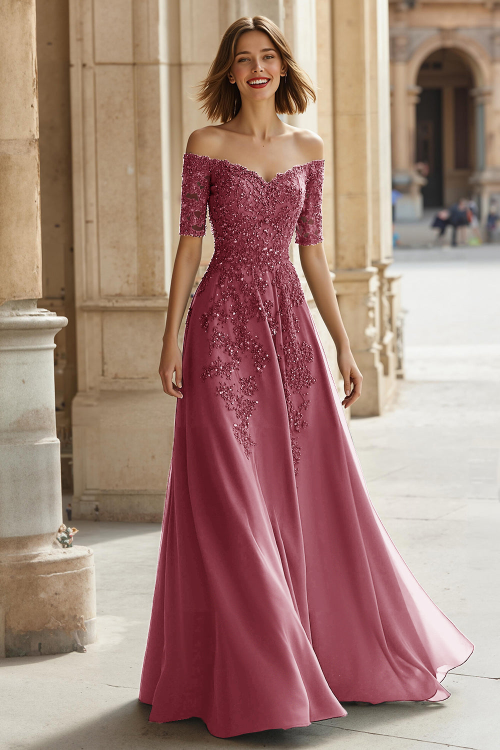 pink off the shoulder mother of the bride dress 992515 from Veni InMother of the Bride Bardot Dress Pink Floral Midi