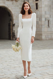 Ivory Square Neckline Bodycon Midi Engagement Dress