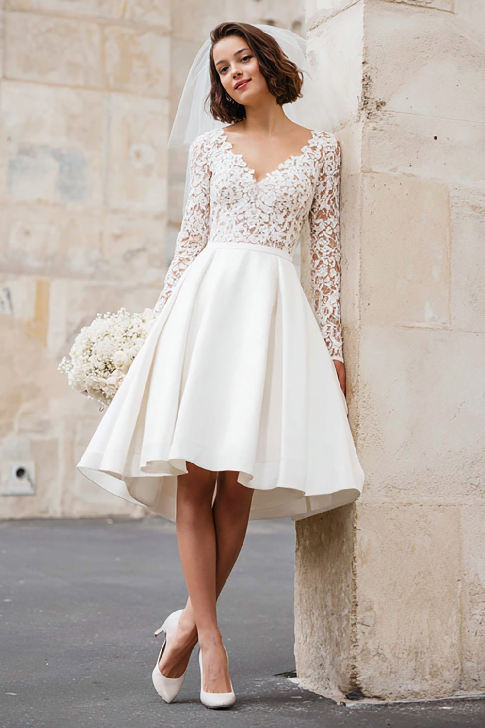 Zapaka Women V-Neck Engagement Dress A-Line Ivory Long Sleeves Lace Applique Midi Wedding Reception Dress, Ivory / US18W Zapaka Women V-Neck Engagement Dress A-Line Ivory Long Sleeves Lace Applique Midi Wedding Reception Dress, Ivory / US18W