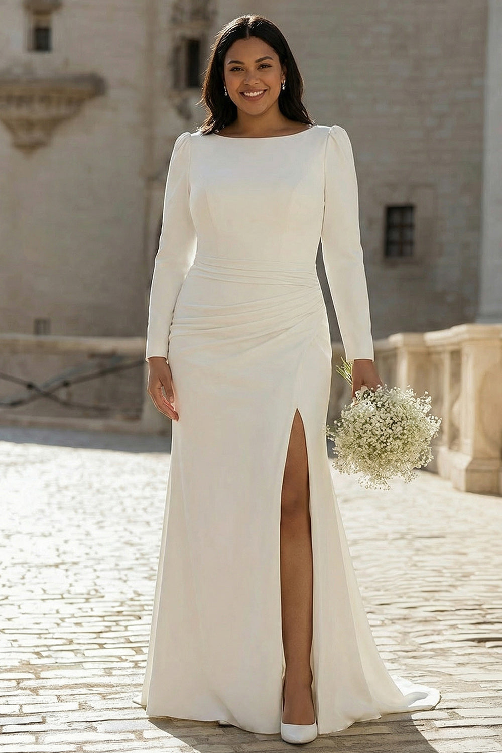 Zapaka Women Bodycon Plus Size Wedding Dress Bateau Neck Ruched Long Sleeves Ivory Satin Sweep Train Slit Bridal Dress, Ivory / US22W