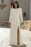 Ivory Bateau Neck Bodycon Ruched Satin Plus Size Wedding Dress with Slit