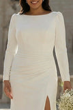 Ivory Bateau Neck Bodycon Ruched Satin Plus Size Wedding Dress with Slit