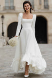 Ivory A Line Satin Square Neck Long Sleeves Wedding Dress with Ruffles
