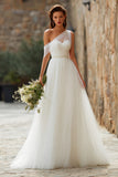 Simple Ivory Tulle Asymmetrical Neck Long Wedding Dress
